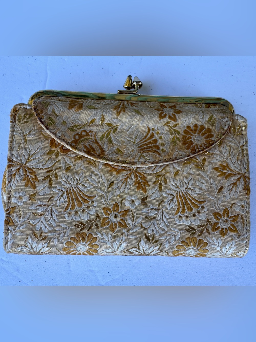 Vintage Mid-Century Metallic Gold Floral Brocade Trifold Wallet Clutch